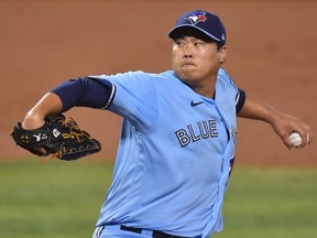Blue Jays starter Hyun-Jin Ryu delivers a pitch in the first inning against the Marlins at Marlins Park in Miami, Wednesday, Sept. 2, 2020.