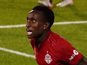 Toronto FC midfielder Richie Laryea reacts after scoring against Columbus Crew in the second half at Pratt & Whitney Stadium at Rentschler Field in Hartford, Conn., on Sept. 27, 2020.