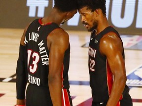 The upstart Miami Heat have plenty of depth, but outside of Jimmy Butler (right) and Bam Adebayo they aren’t anywhere close to matching the Lakers’ star power. USA TODAY