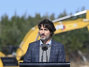 Prime Minister Justin Trudeau speaks while taking part in a ground breaking event at the Iamgold Cote Gold mining site in Gogama, Ont., on Friday, Sept. 11, 2020.