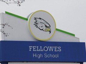 Sign in front of Fellowes High School in Pembroke, Ont., on March 25, 2020.