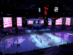 The Philadelphia Flyers and New York Islanders stand for the U.S. national anthem prior to Game 3 of their Eastern Conference at Scotiabank Arena. As a hub city Toronto has played host to 12 NHL teams over a five-week period.