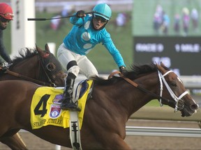 Jockey Justin Stein guides Starship Jubilee to victory in the $1,000,000 Ricoh Woodbine Mile on Sept. 19, 2020. Starship Jubilee is trained by Kevin Attard and owned by Blue Heaven Farm.