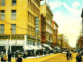 This rare colour postcard view looks east along Queen St. towards Yonge St. from in front of (Old) City Hall. Visible in the view is Adam’s furniture store at the James St. corner, a structure eventually incorporated into the Eaton’s department store that would soon occupy almost the entire block. Across Queen St. is the six-storey Robert Simpson store, which replaced the original Simpson store that was destroyed by fire in March 1895. The replacement was ready less than a year after the flames were extinguished and the site cleared. The approximate date of this card is between 1896 and 1907, the year the empty space west of the Simpson building was filled in with an addition built in 1907.