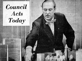 The Toronto Telegram newspaper featured this photo on the front page of its Sept. 26, 1958 edition. It shows Finnish architect Viljo Revell, the winner of the international competition for a design for Toronto's new City Hall, and the model he and his associates entered into the contest.