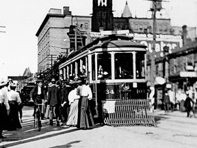 One of the TRC's most modern electric streetcars, #1034, is seen here boarding passengers at the westbound Queen St. and Teraulay (now Bay St.) stop. New in 1905, the car remained in service for nearly 20 years until it was scrapped. This photo is interesting for another reason. The rebuilt Robert Simpson store at the corner of Yonge and Queen Sts. is seen looming in the background having reopened less than a year after the original store on the same site was gutted in 1895 following a major fire that also severely damaged Knox Presbyterian Church located next door to the west. A portion of that church, with its partially rebuilt steeple, is visible in behind #1034. A new Knox opened on the west side of Spadina Ave., south of Harbord St., in 1909. The Hudson's Bay department store now covers the old church site. Also, note the "cow catcher" (officially a fender) on the front of #1034. Oh, and the year the photo was taken? Let's see #1034 entered service in 1905, Knox moved in 1909, so sometime between those years ... closest I can guess.