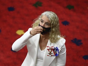 Gov. Gen. Julie Payette watches a livestream of the proceedings before reading the speech from the throne in the Senate chamber in Ottawa, Wednesday, Sept. 23, 2020.