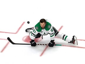 Dallas Stars' Tyler Seguin stretches in warmups prior to Game 1 of the Stanley Cup Final against the Tampa Bay Lightning at Rogers Place on Sept. 19, 2020 in Edmonton.