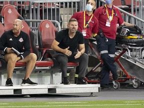 Toronto FC head coach Greg Vanney reacts during the second half against the Vancouver Whitecaps at BMO Field on Aug. 21.