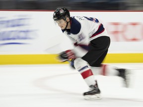 Cole Perfetti skates during an OHL/NHL Top Prospects team  practice following their on-ice skills testing in Hamilton, Ont. on Wednesday, January 15, 2020.