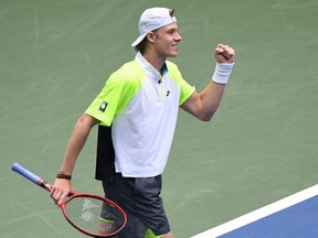 Denis Shapovalov of Canada celebrates after match point against Sebastian Korda of the United States on Day One of the 2020 U.S. Open at USTA Billie Jean King National Tennis Center, Flushing Meadows, N.Y., Monday, Aug. 31, 2020.