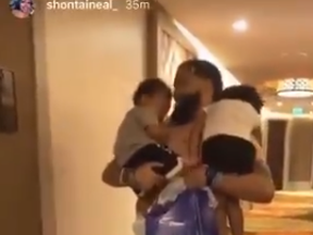 Toronto Raptors point guard Fred VanVleet embraces his kids on Monday, Aug. 31, 2020 for the first time since early June.