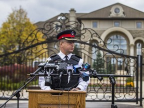 York Regional Police Supt. Mike Slack during a press conference in front of 5 Decourcy Court, near Major Mackenzie Blvd. and Warden Ave. in Markham, Ont. on Wednesday September 30, 2020. The mansion was seized as a part of Project End Game because it was allegedly being used as a gaming house.
