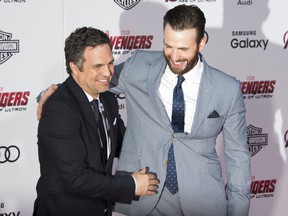 Mark Ruffalo and Chris Evans attend the premiere of Marvel's "Avengers: Age Of Ultron" at the Dolby Theatre on April 13, 2015 in Hollywood, California.