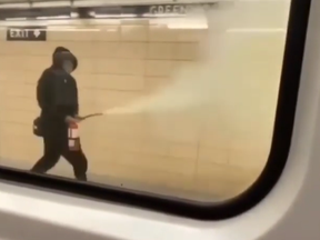 TTC and Toronto Police are investigating after a man was caught on video discharging a fire extinguisher on a TTC subway train and on the platform of Greenwood station Wednesday night.