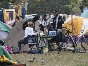 A group living in a tent city at Lamport Stadium Park in Toronto on Thursday, Sept. 24, 2020.