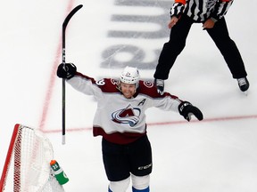 Nathan MacKinnon of the Colorado Avalanche celebrates a goal against the Dallas Stars during Game 6 in Edmonton on Wednesday night.