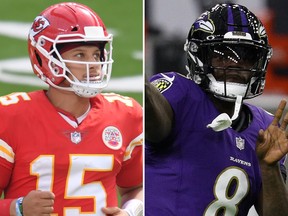 Patrick Mahomes, left, and Lamar Jackson face off in the Monday Night Football matchup Sept. 28, 2020.