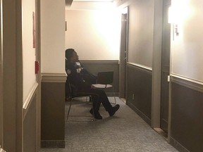Two Toronto Police officers sit guard outside an apartment in Etobicoke believed to be where Guilherme “William” Von Neutegem, 34, lived with his father on Saturday, Sept. 19, 2020. Von Neutegem is charged with first-degree in the stabbing of Mohamed-Aslim Zafis, 58, at the International Muslim Organization (IMO) mosque in Rexdale on Sept. 12, 2020.
