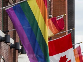 In this June 24, 2014 file photo, pride flags are pictured next to a Canada flag outside a building leading up to World Pride near the Church and Wellesley area in downtown Toronto.