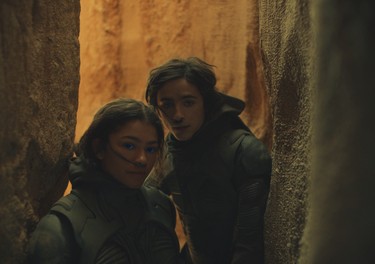 Zendaya as Chani and Timothée Chalamet as Paul Atreides in Warner Bros. Pictures’ and Legendary Pictures’ action adventure Dune, a Warner Bros. Pictures and Legendary release.