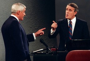 Liberal Leader John Turner and Conservative Leader Brian Mulroney point fingers at each other during a debate in the 1988 federal election campaign. Former prime minister Turner, dubbed “Canada’s Kennedy” when he first arrived in Ottawa in the 1960s, has died at the age of 91.