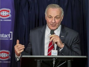 Montreal Canadiens legend Guy Lafleur speaks briefly before unveiling the logo for the upcoming National Hockey League draft, prior to game between the Canadiens and Arizona in Montreal on Feb. 10, 2020.