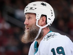 Joe Thornton #19 of the San Jose Sharks skates on the ice during the first period of the NHL game against the Arizona Coyotes at Gila River Arena on January 14, 2020 in Glendale, Arizona.