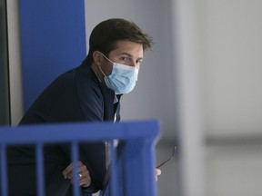 Leafs GM Kyle Dubas watches his team.