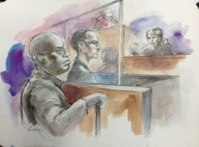 Nahom Tsegazab and Justice John McMahon listen as mother of victim Shyanne Charles punches her fist at the accused during her victim impact statement April 11, 2014.