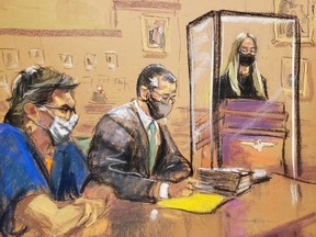 Sex cult victim India Odenberg gives her victim impact statement while cult leader Keith Raniere stares straight ahead. He was sentenced to 120 years in prison.