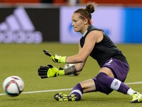 Goalkeeper Erin McLeod of Canada warms up during the 2015 FIFA Women's World Cup Group A match against the Netherlands at Olympic Stadium on June 15, 2015 in Montreal.