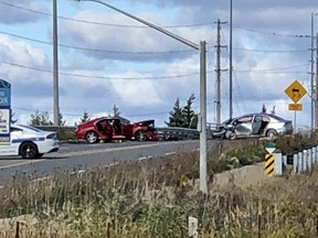 Crews at the scene of a fatal head-on collision on McLaughlin Rd. in Mississauga on Thursday, Oct. 8, 2020.