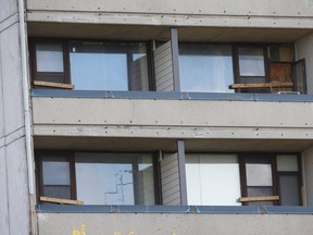 Barricaded balconies at 140 Adanac Dr. In Scarborough. The bulding served as a backdrop for a $1.3-billion publich housing announcement in 2019 by Prime Minister Justin Trudeau, but work soon halted, leaving residents without access to their balconies for over a year.
