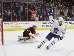 Andreas Johnsson celebrates a game-winning shootout goal after besting Flyers’ Brian Elliott in November. The Maple Leafs traded Johnsson on Saturday in a move that frees up $3.4 million for Toronto in each of the next three seasons.