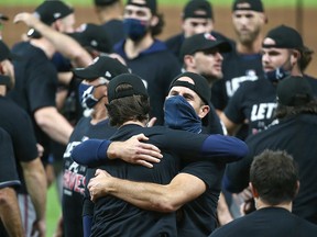 Members of the Atlanta Braves celebrate after defeating the Miami Marlins in Game 3 of the 2020 NLDS at Minute Maid Park in Houston.