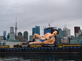 A 40-foot inflatable Borat statue floated along Toronto's Harbourfront Thursday.