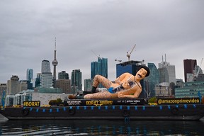 A 40-foot inflatable Borat statue floated along Toronto's Harbourfront Thursday.