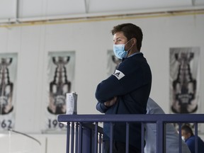 Toronto Maple Leafs general manager Kyle Dubas watches during NHL training camp ahead of the NHL Stanley Cup playoffs in Toronto on Wednesday, July 15, 2020.