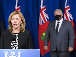 Ontario Health Minister Christine Elliott answers questions from the media at Queen's Park during the COVID-19 pandemic in Toronto on Monday, September 28, 2020.