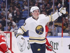 Jimmy Vesey celebrates one of he nine goals he scored for the Buffalo Sabres this past season..