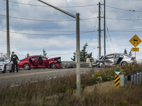Peel Regional Police at the scene of a fatal head-on collision on McLaughlin Rd. and the 407 in Mississauga, Ont.  on Thursday October 8, 2020.