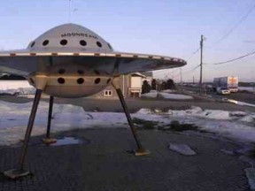 Flying saucer at the tourist information centre on the main st of Moonbeam, Ont.