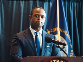 Kentucky Attorney General Daniel Cameron speaks during a press conference to announce a grand jury's decision to indict one of three Louisville Metro Police Department officers involved in the shooting death of Breonna Taylor on Sept. 23, 2020 in Frankfort, Kentucky.