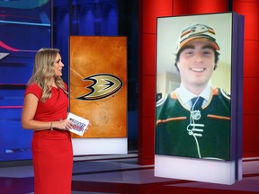 Jamie Hersch of the NHL Network interviews Jamie Drysdale after the Anaheim Ducks selected him sixth overall in the first round of the NHL draft on Monday night.