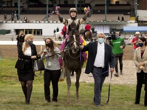 Ft.Erie Ontario, September 29, 2020.Fort Erie Owner Larry Cordes (blue mask) leads Mighty Heart, with jockey Daisuke Fukumoto aboard, following their victory in the $400,000 Prince of Wales Stakes at Fort Erie. Mighty Heart will be trying to become the first horse since 2003 to capture 
the Canadian Triple Crown by winning the Breeders’ Stakes on Saturday at Woodbine.  Michael Burns Photo