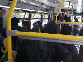 An image of a crowded TTC bus tweeted by @biaginger on Oct. 13, 2020.
