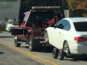 An image released by Durham Regional Police of a BMW being seized after its driver was caught speeding in Ajax on Oct. 28, 2020.