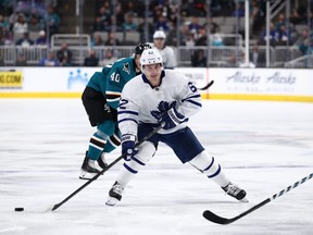 Denis Malgin of the Toronto Maple Leafs in action against the San Jose Sharks at SAP Center on March 03, 2020 in San Jose, California.