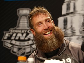 Joe Thornton of the San Jose Sharks addresses the media during the 2016  Stanley Cup final Media Day at Pittsburgh.